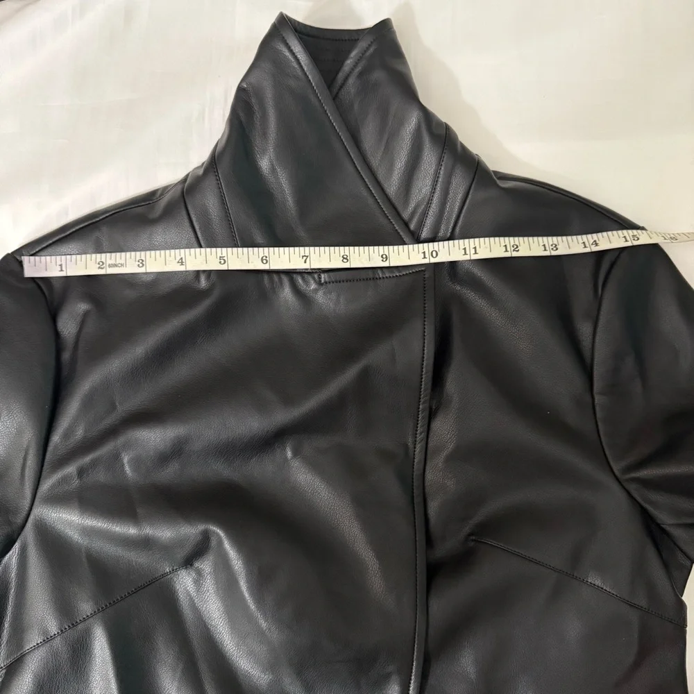 Black faux leather lapel collar belted open front trench coat - Picture 9 of 15